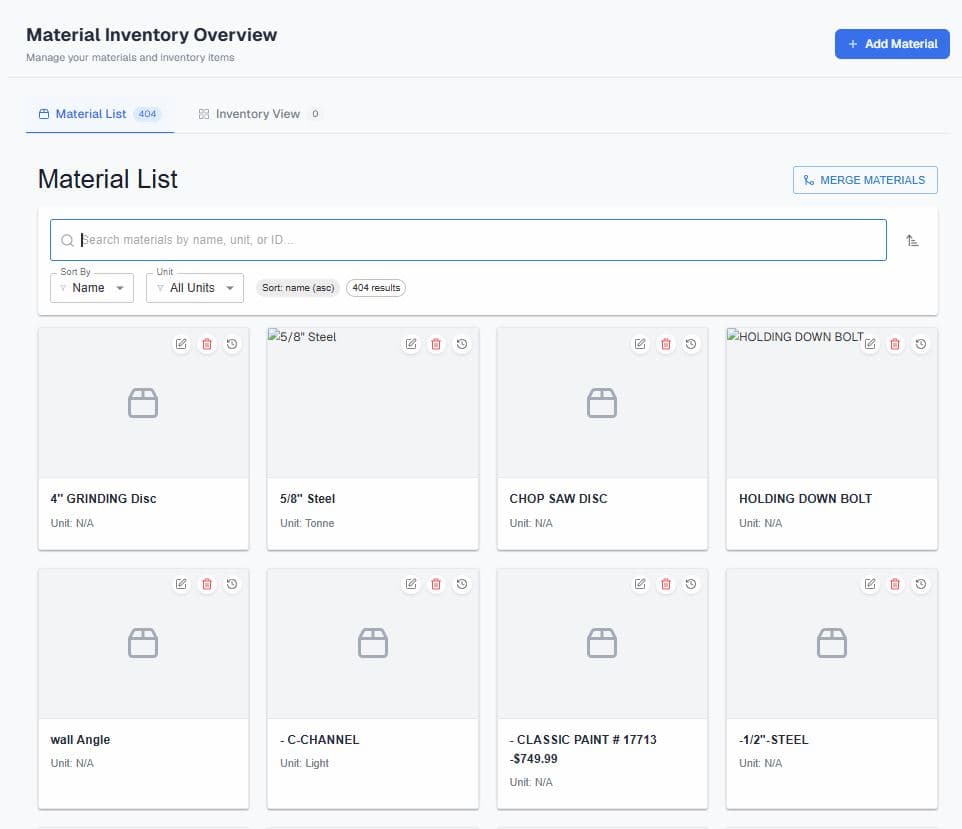 Material Tracking Interface